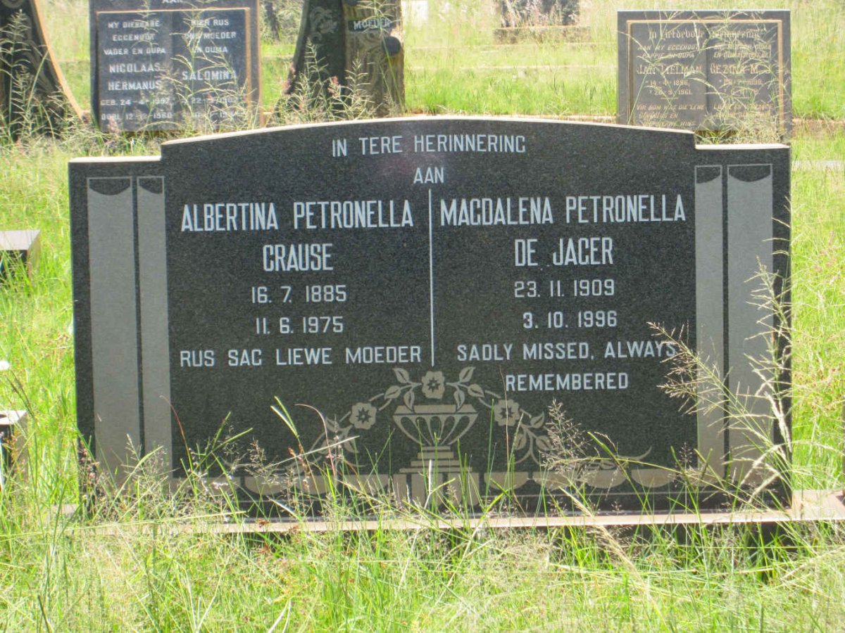 CRAUSE Albertina Petronella 1885-1975 :: DE JAGER Magdalena Petronella  1909-1996