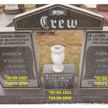 CREW Andrew William 1907-1995 &amp; Johanna Martha 1910-2008 :: COETZER Madgelene Elizabeth 1931-2009