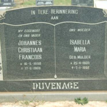 DUVENAGE Johannes Christiaan Francois 1898-1968 &amp; Isabella Maria MULDER 1903-1992
