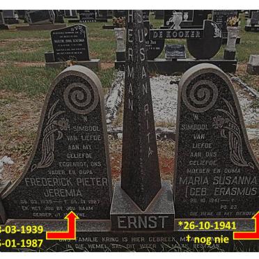 ERNST Frederick Pieter Jeremia 1939-1987 &amp; Maria Susanna ERASMUS 1941-