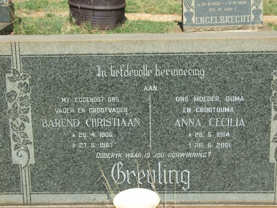 GREYLING Barend Christiaan 1905-1967 &amp; Anna Cecilia 1914-2001