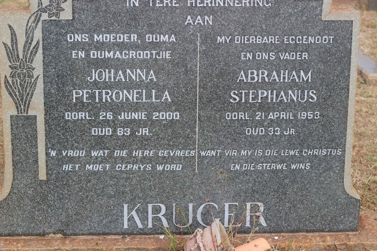 KRUGER Abraham Stephanus -1953 &amp; Johanna Petronella -2000