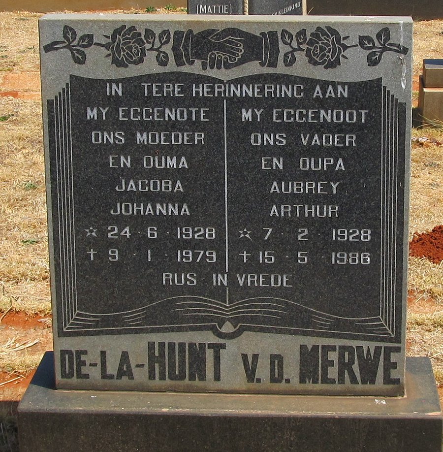 MERWE Aubrey Arthur, v.d. 1928-1986 &amp; Jacoba Johanna DE-LA-HUNT 1928-1979