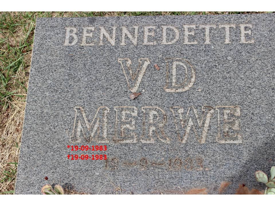 MERWE Bennedette, v.d. 1983-1983