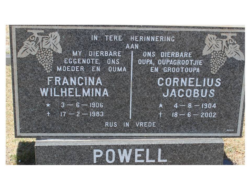 POWELL Cornelius Jacobus 1904-2002 &amp; Francina Wilhelmina 1906-1983