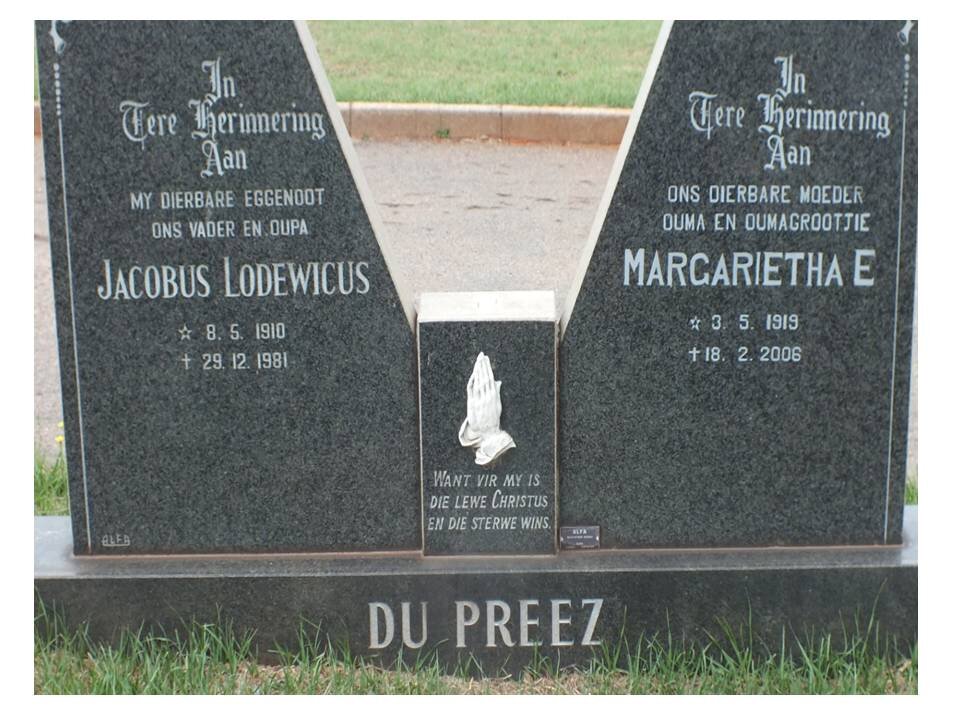 PREEZ Jacobus Lodewicus, du 1910-1981 &amp; Margarietha E. 1919-2006
