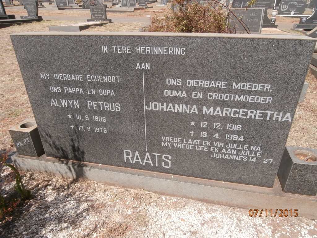 RAATS Alwyn Petrus 1909-1979 &amp; Johanna Margeretha 1916-1994