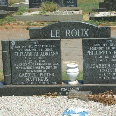 ROUX Gabriel Pieter Mattheus, le 1931-2015 &amp; Elizabeth Adriana 1929-1976