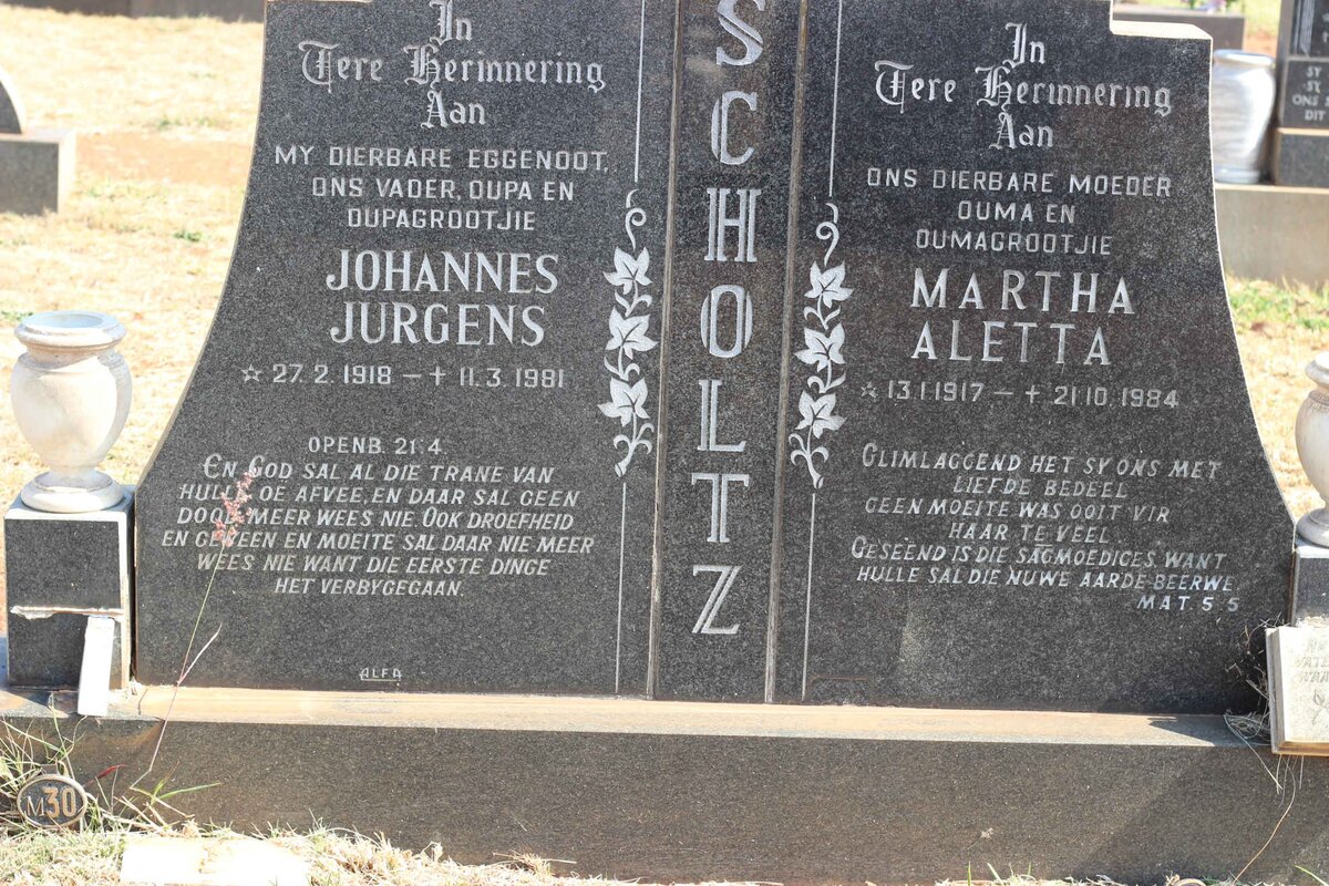 SCHOLTZ Johannes Jurgens 1918-1981 &amp; Martha Aletta 1917-1984