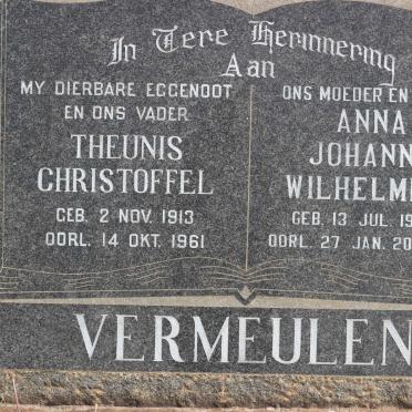 VERMEULEN Theunis Christoffel 1913-1961 &amp; Anna Johanna Wilhelmina 1917-2003