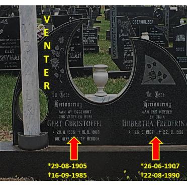 VENTER Gert Christoffel 1905-1985 &amp; Hubertha Frederika 1907-1990
