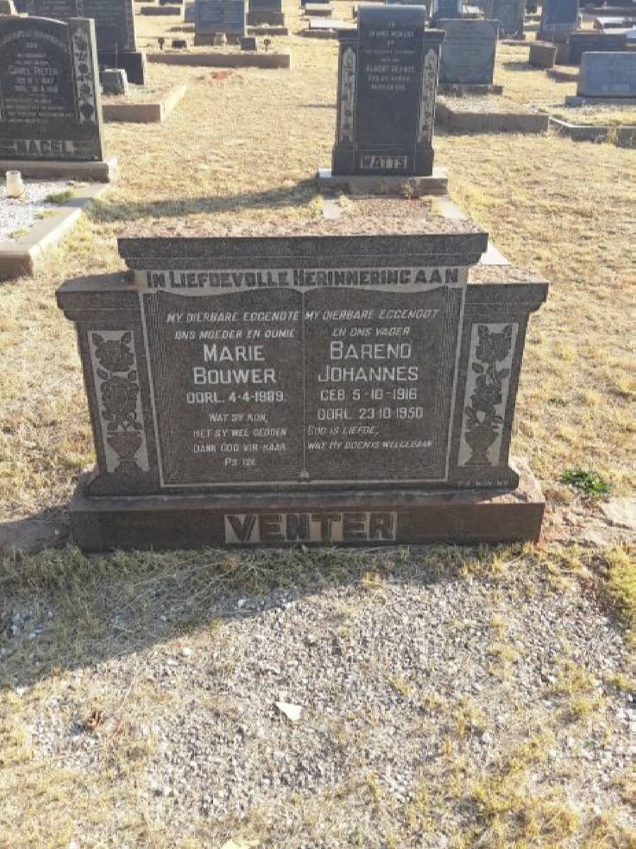 VENTER Barend Johannes 1916-1950 &amp; Marie BOUWER -1989