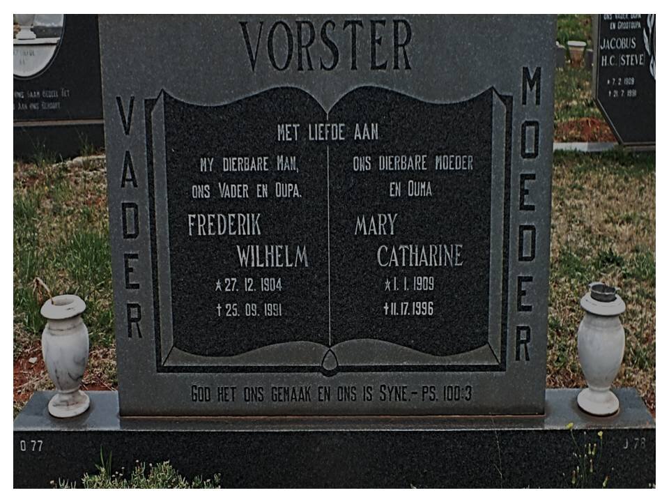 VORSTER Frederik Wilhelm 1904-1991 &amp; Mary Catharine 1909-1996