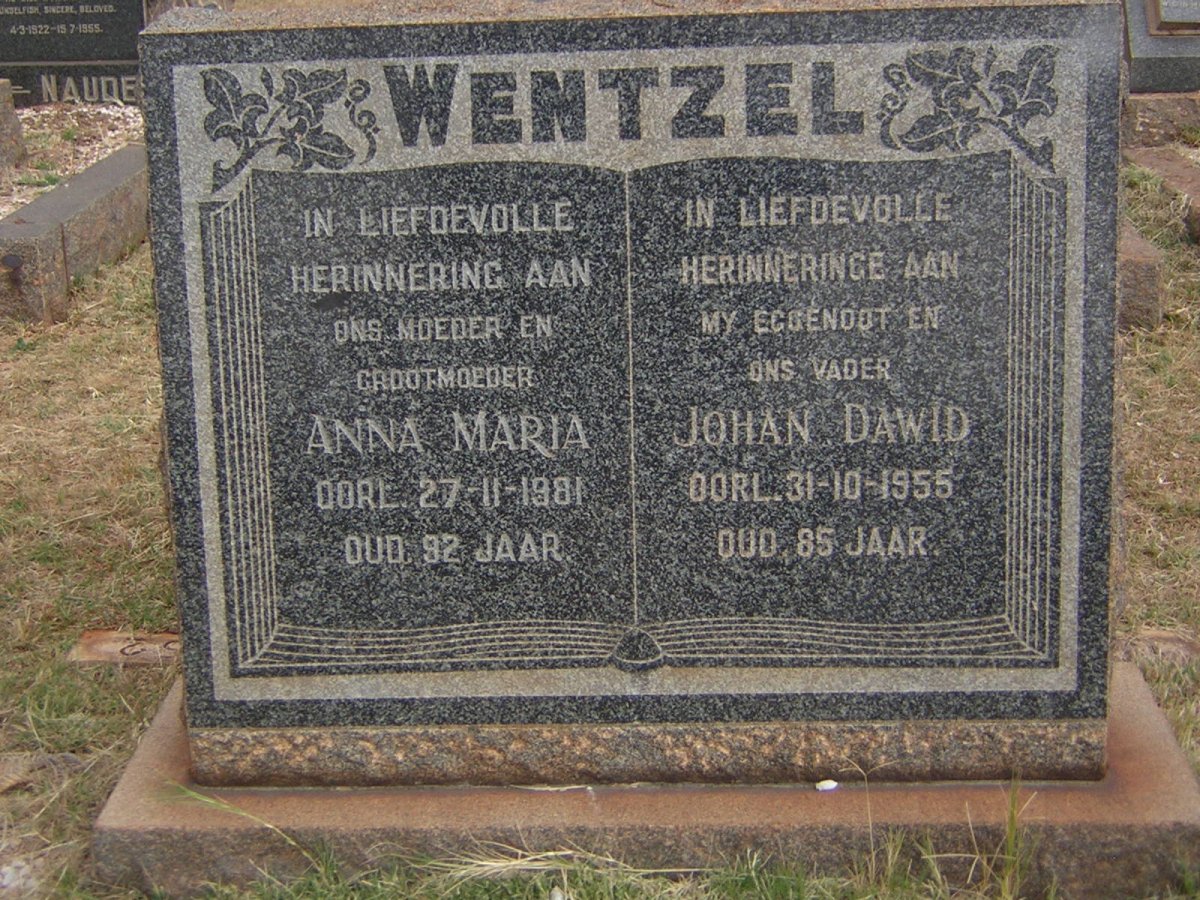 WENTZEL Johan Dawid -1955 &amp; Anna Maria -1981