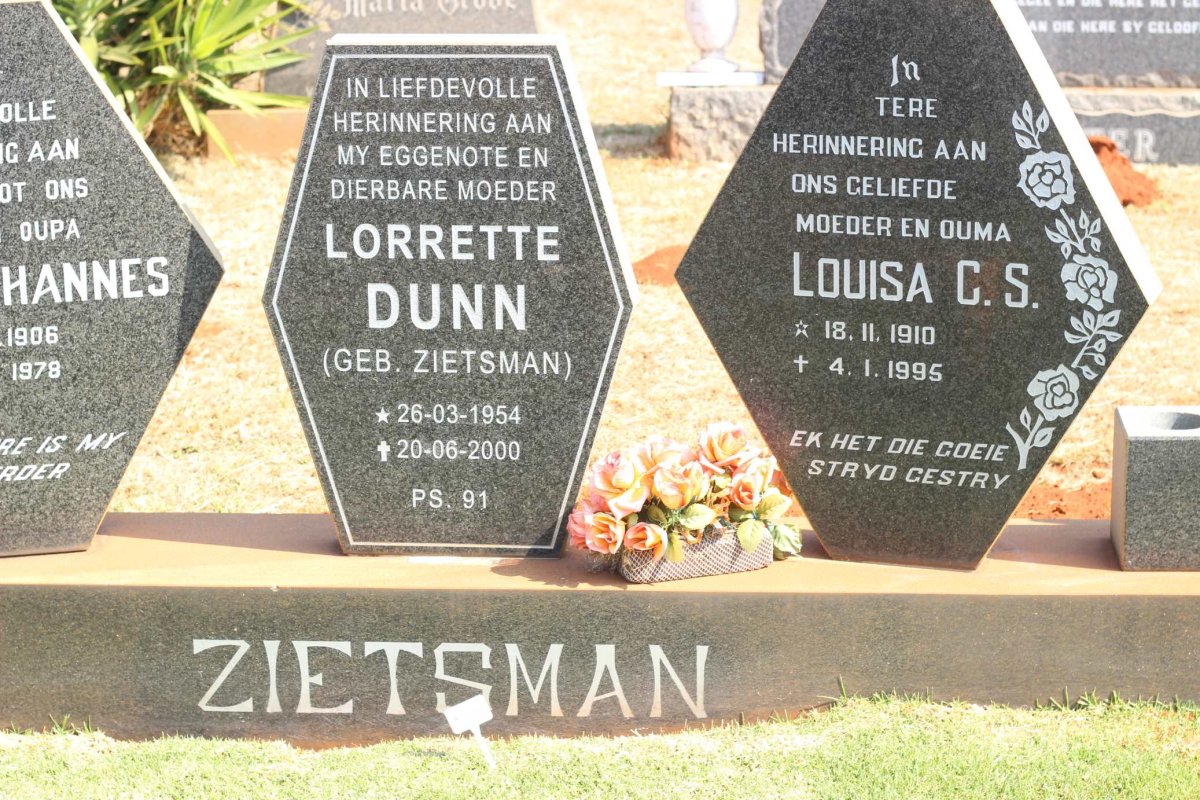 ZIETSMAN Jan Johannes 1906-1978 &amp; Louisa C.S. 1910-1995 :: DUNN Lorrette nee ZIETSMAN 1954-2000