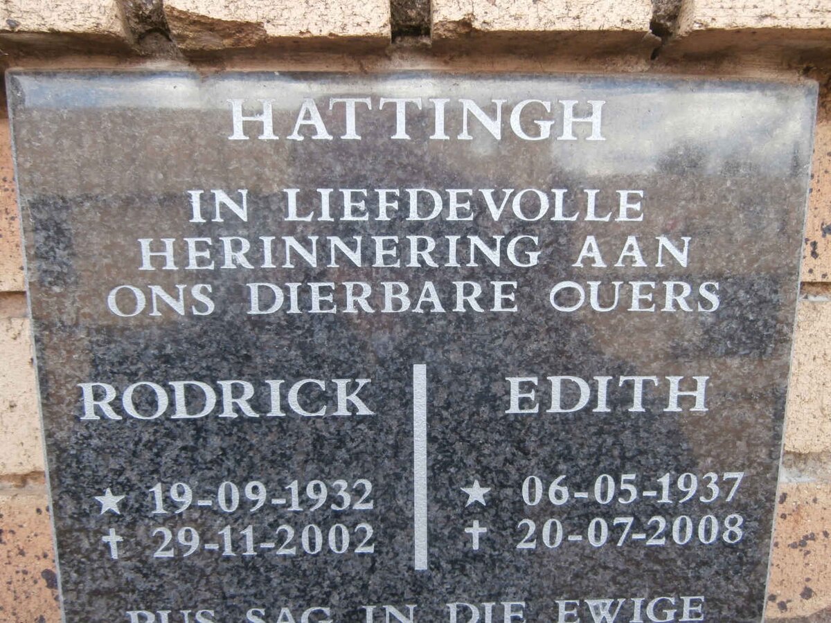 HATTINGH Rodrick 1932-2002 &amp; Edith 1937-2008