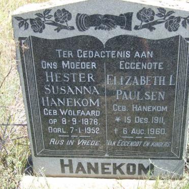 HANEKOM Hester Susanna nee WOLFAARD 1876-1952 :: PAULSEN Elizabeth L. nee HANEKOM 1911-1960