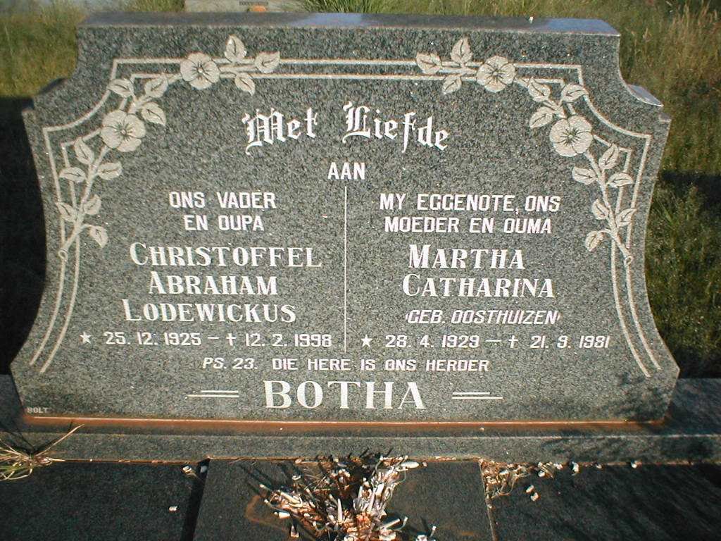 BOTHA Christoffel Abraham Lodewickus 1925-1998 &amp; Martha Catharina OOSTHUIZEN 1929-1981