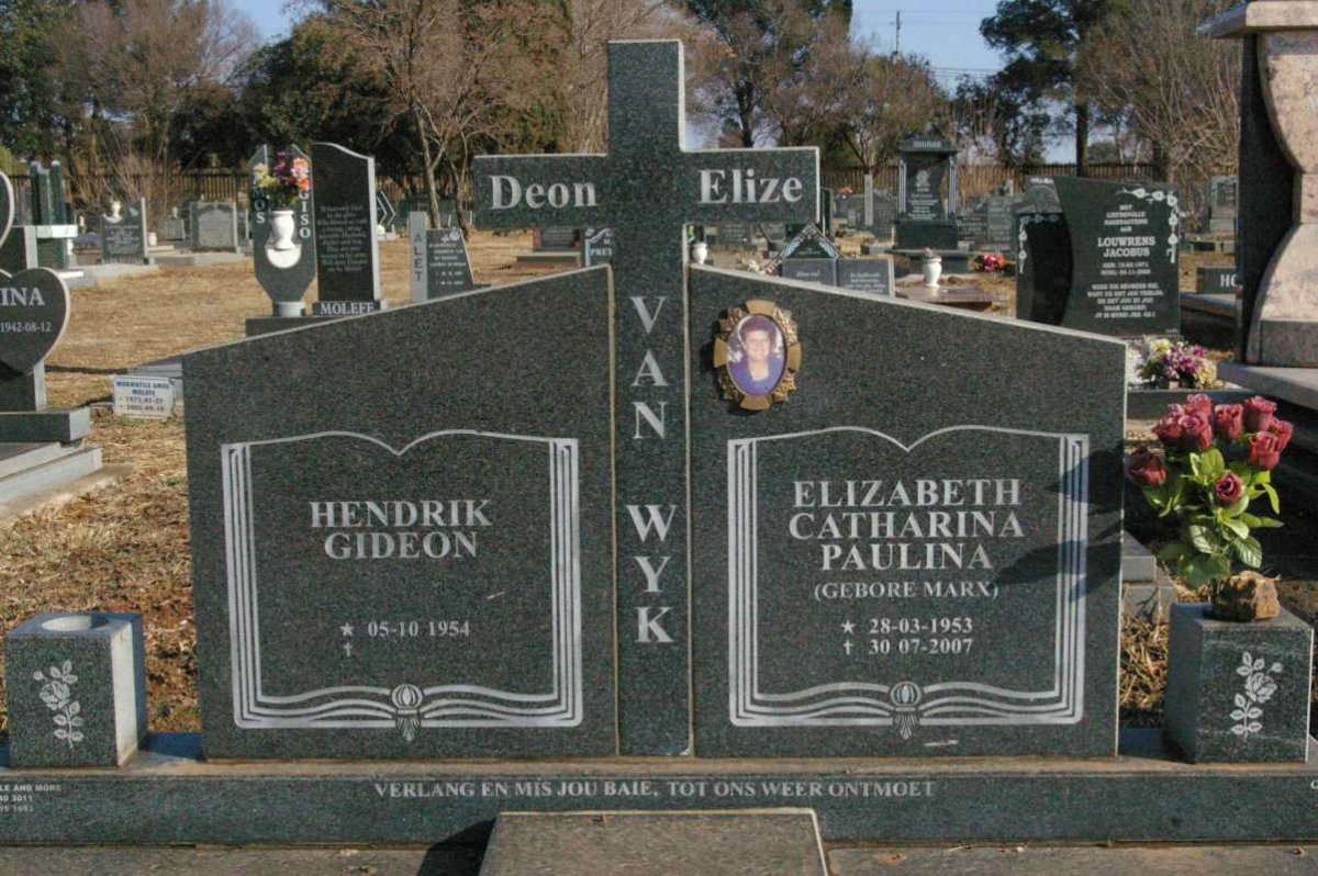 WYK Hendrik Gideon, van 1954- &amp; Elizabeth Catharina Paulina MARX 1953-2007