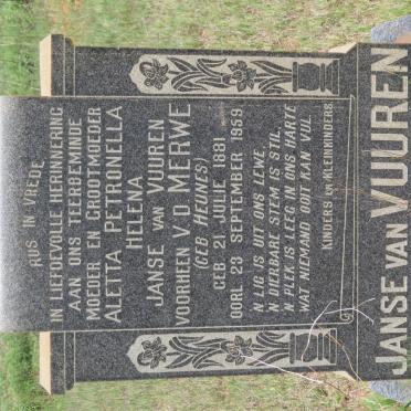 VUUREN Aletta Petronella Helena, Janse van formerly V.D. MERWE nee HEUNES 1881-1959