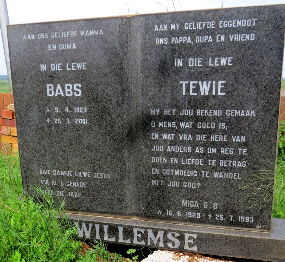 WILLEMSE Tewie 1929-1993 &amp; Babs 1923-2001