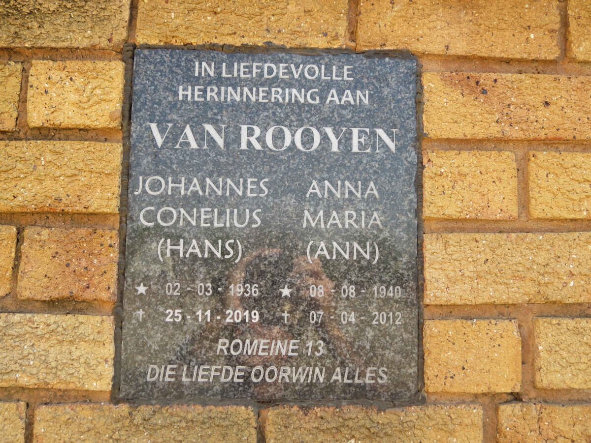 ROOYEN Johannes Conelius, van 1936-2019 &amp; Anna Maria 1940-2012
