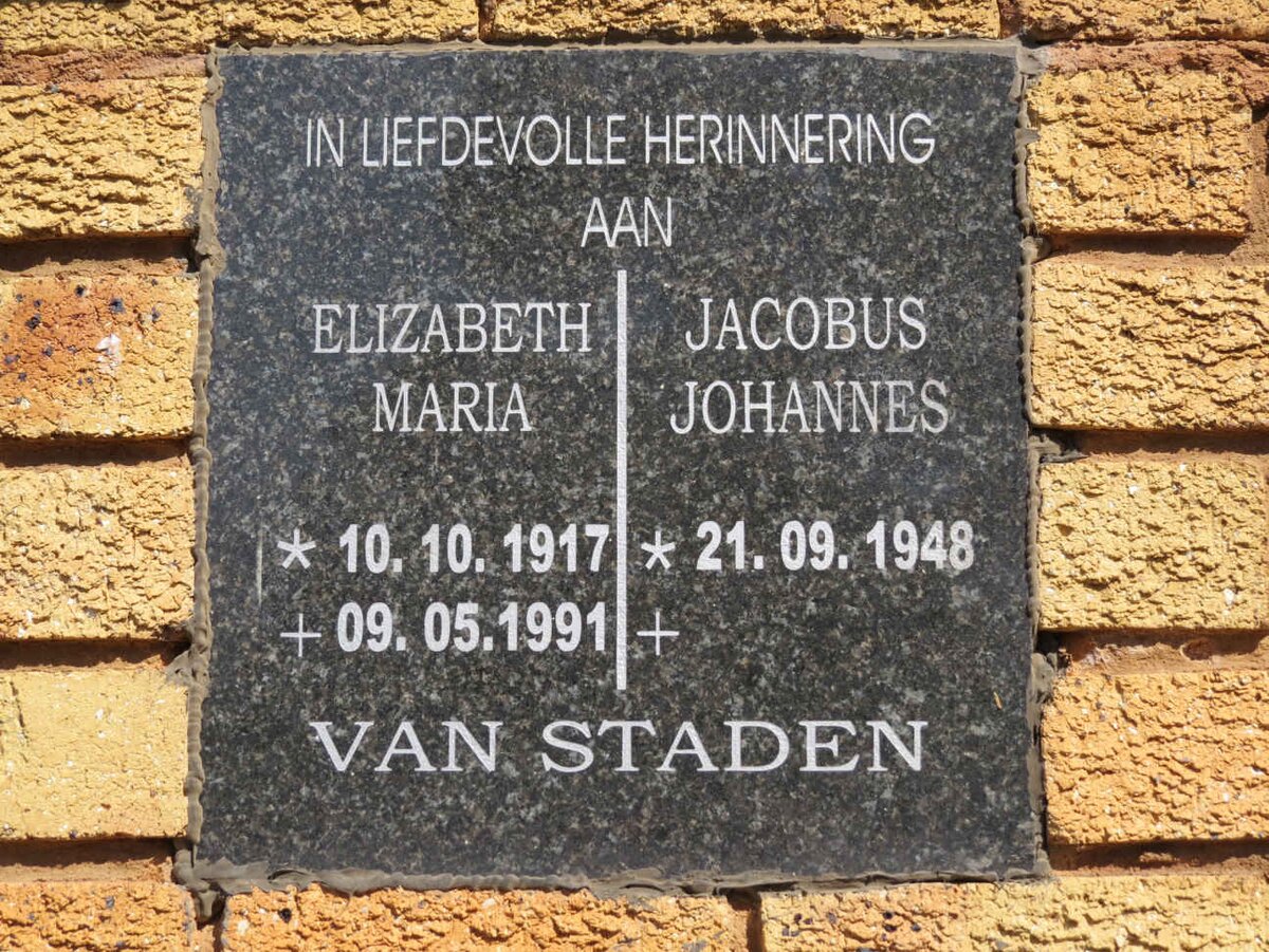STADEN Jacobus Johannes, van 1948- &amp; Elizabeth Maria 1917-1991