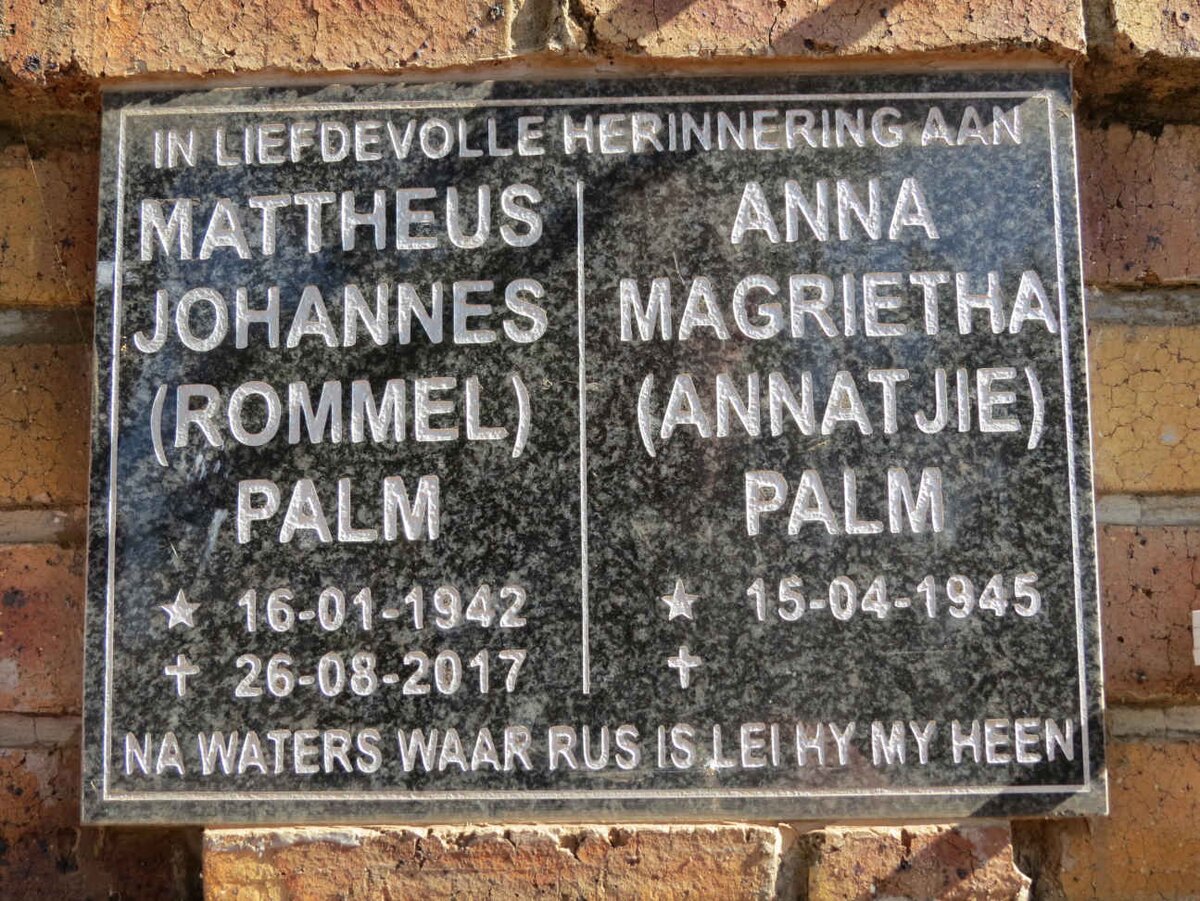 PALM Mattheus Johannes 1942-2017 &amp; Anna Magrietha 1945-