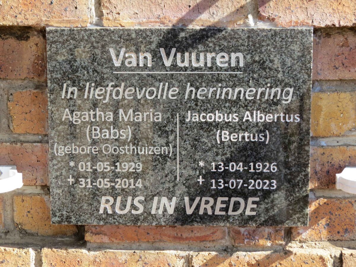 VUUREN Jacobus Albertus, van 1926-2023 &amp; Agatha Maria OOSTHUIZEN 1929-2014