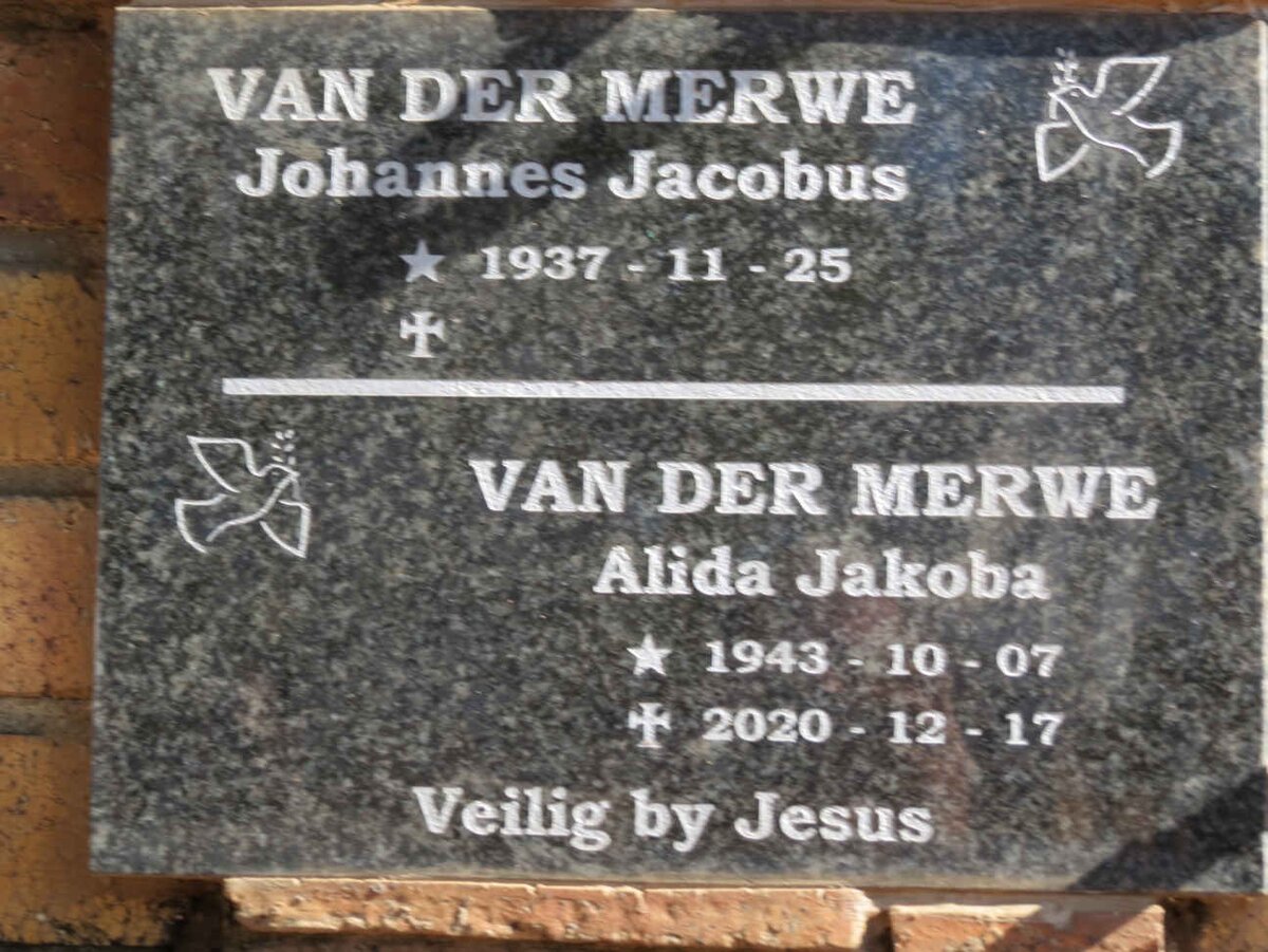 MERWE Johannes Jacobus, van der 1937- &amp; Alida Jakoba 1943-2020
