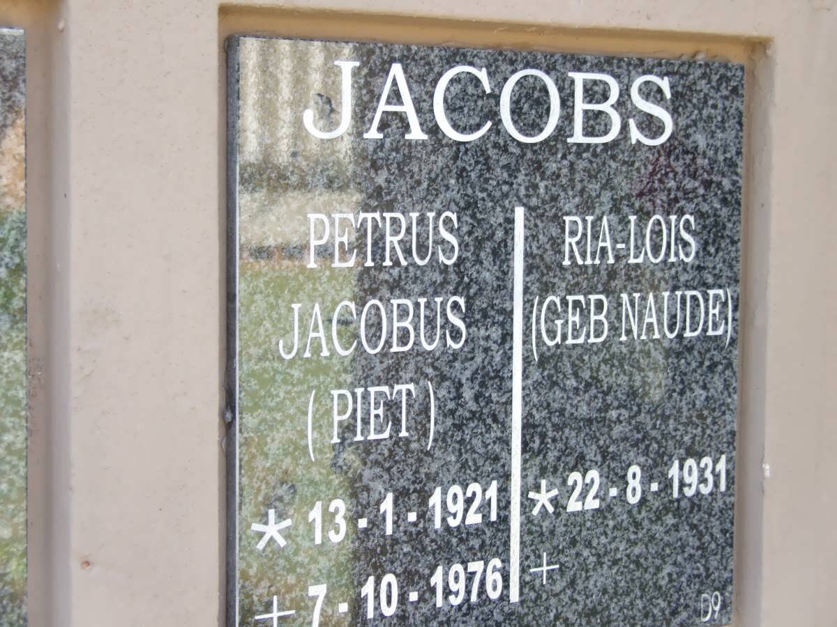 JACOBS Petrus Jacobus 1921-1976 &amp; Ria-Lois NAUDE 1931-