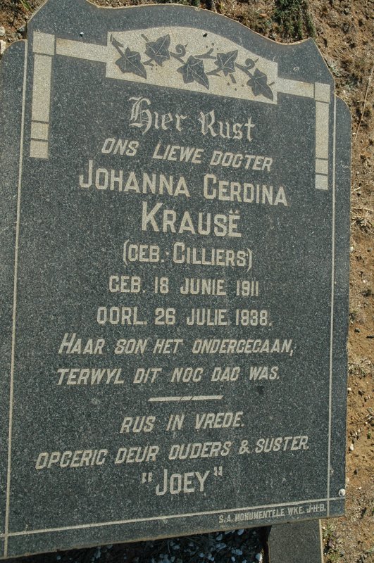 KRAUSE Johanna Gerdina nee CILLIERS 1911-1938
