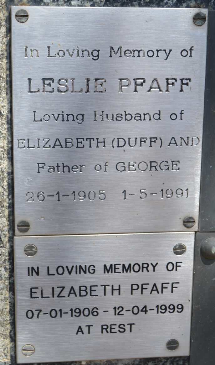 PFAFF Leslie 1905-1991 &amp; Elizabeth 1906-1999