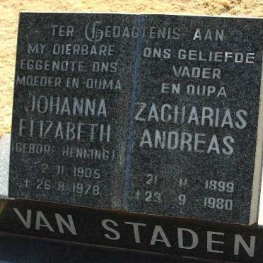 STADEN Zacharias Andreas, van 1899-1980 &amp; Johanna Elizabeth HENNING 1905-1978