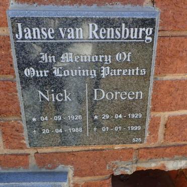 RENSBURG Nick, Janse van 1926-1988 &amp; Doreen 1929-1999
