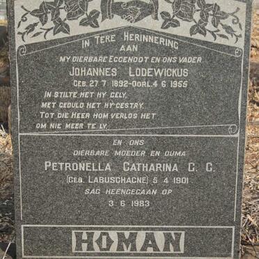 HOMAN Johannes Lodewickus 1892-1955 & Petronrella Catharina G.G. LABUSCHAGNE 1901-1983