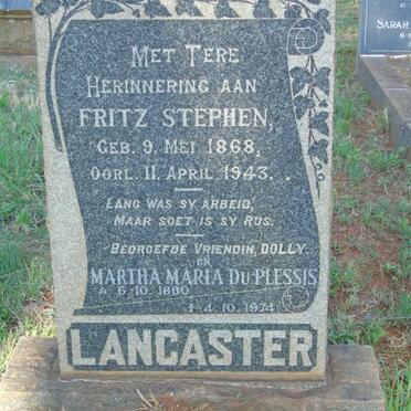 LANCASTER Fritz Stephen 1868-1943 & Martha Maria DU PLESSIS 1880-1974