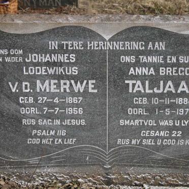 MERWE Johannes Lodewikus, v.d. 1867-1956 :: TALJAARD Anna Breggie 1884-1970