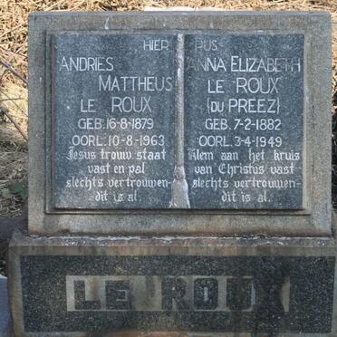 ROUX Andries Mattheus, le 1879-1963 & Anna Elizabeth DU PREEZ 1882-1949