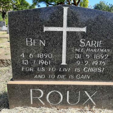 ROUX Ben 1890-1961 &amp; Sarie HARTMAN 1892-1975