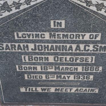 SMITH Sarah Johanna A.C. nee OELOFSE 1886-1936