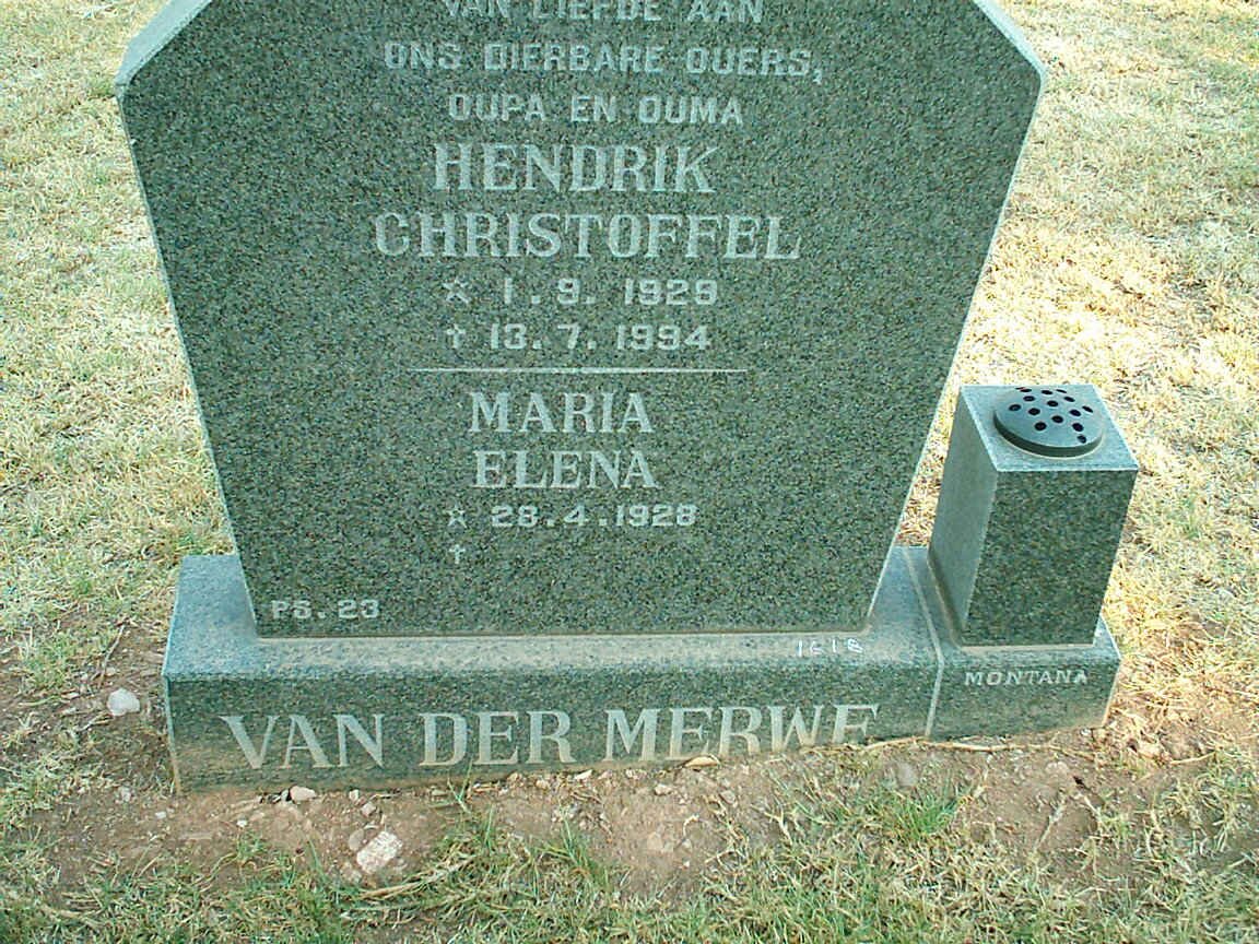 MERWE Hendrik Christoffel, van der 1929-1994 &amp; Maria Elena 1928-