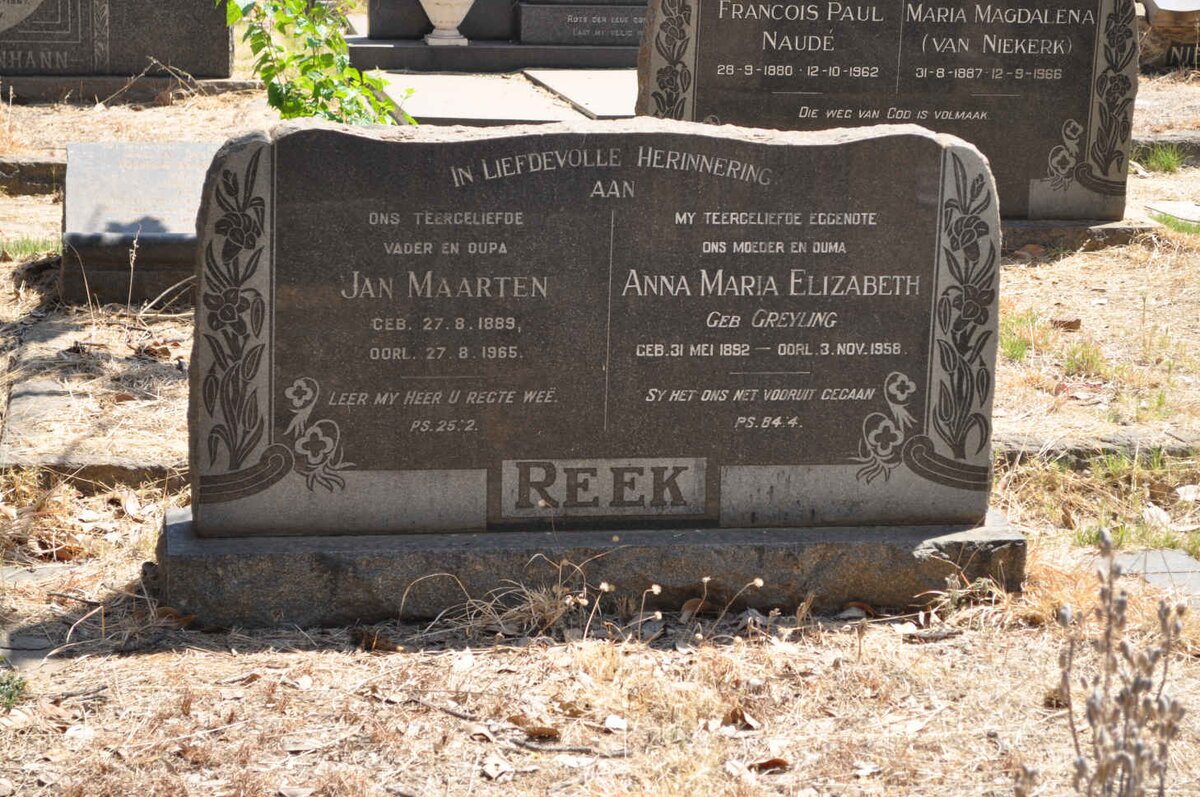 REEK Jan Maarten 1889-1965 &amp; Anna Maria Elizabeth GREYLING 1892-1958