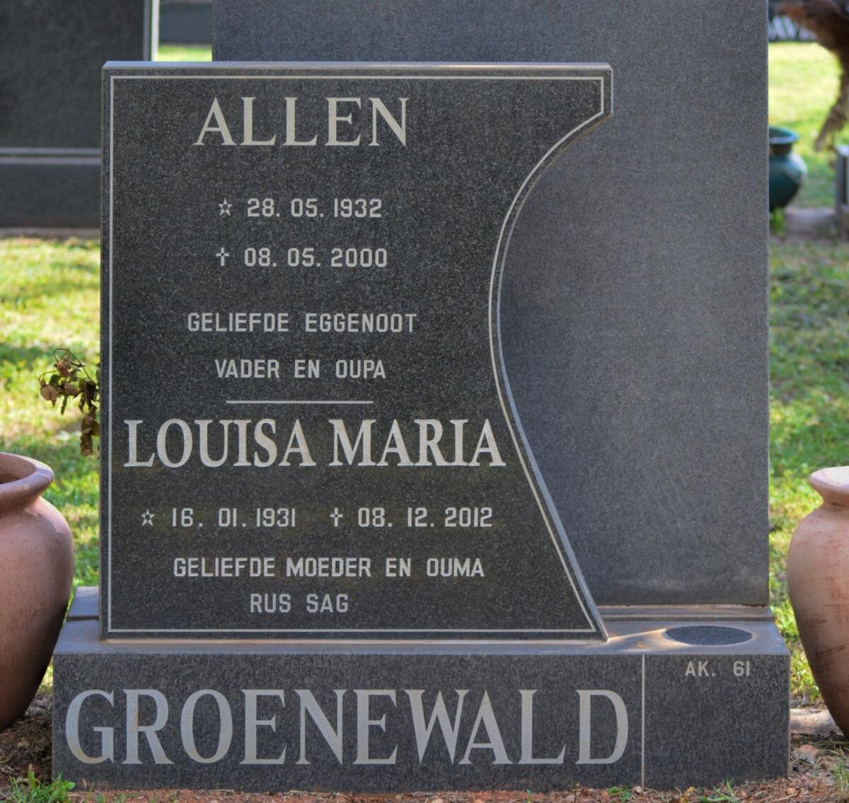 GROENEWALD Allen 1932-2000 &amp; Louisa Maria 1931-2012
