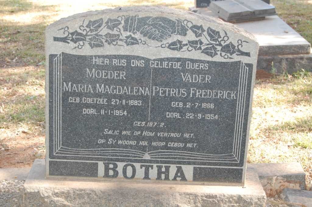 BOTHA Petrus Frederick 1866-1954 &amp; Maria Magdalena COETZEE 1883-1954