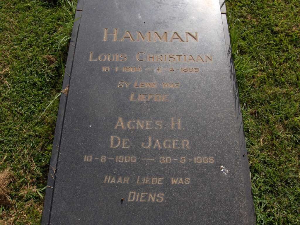 HAMMAN Louis Christiaan 1904-1963 &amp; Agnes H. DE JAGER 1906-1985