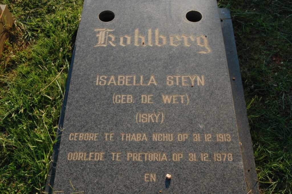KOHLBERG Isabella Steyn nee DE WET  1913-1978