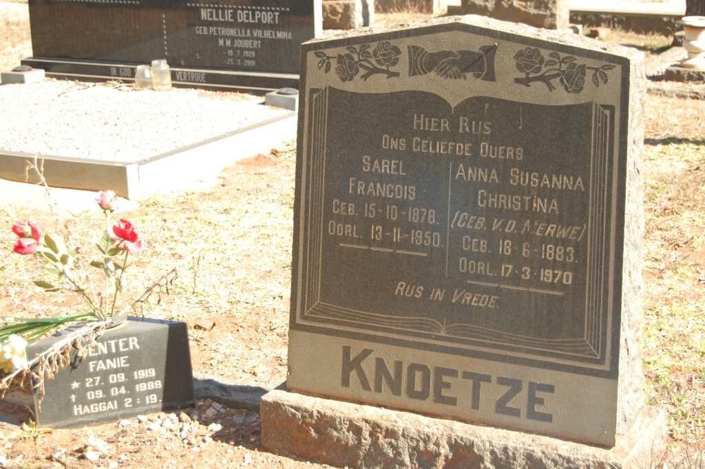 KNOETZE Sarel Francois 1878-1950 &amp; Anna Susanna Christina VD. MERWE 1883-1970 :: VENTER Fanie 1919-1988