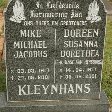 KLEYNHANS Michael Jacobus 1917-2001 &amp; Susanna Dorethea JANSE VAN RENSBURG 1917-2001