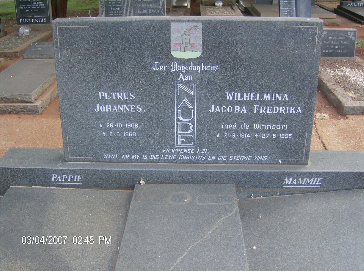 NAUDE Petrus Johannes 1908-1968 &amp; Wilhelmina Jacoba Fredrika DE WINNAAR 1914-1995